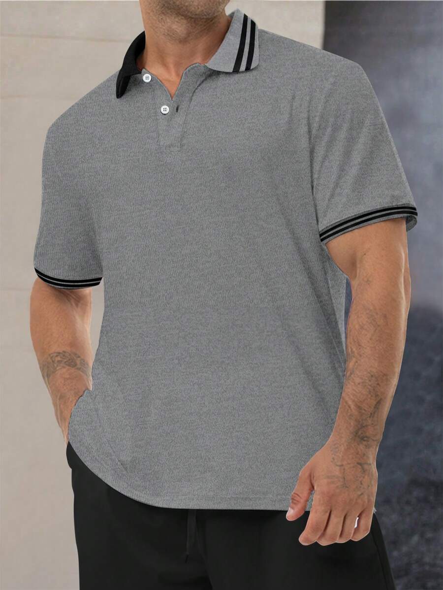 Manfinity Homme Camisa polo informal de manga larga con botones y contraste de colores para hombres de talla grande