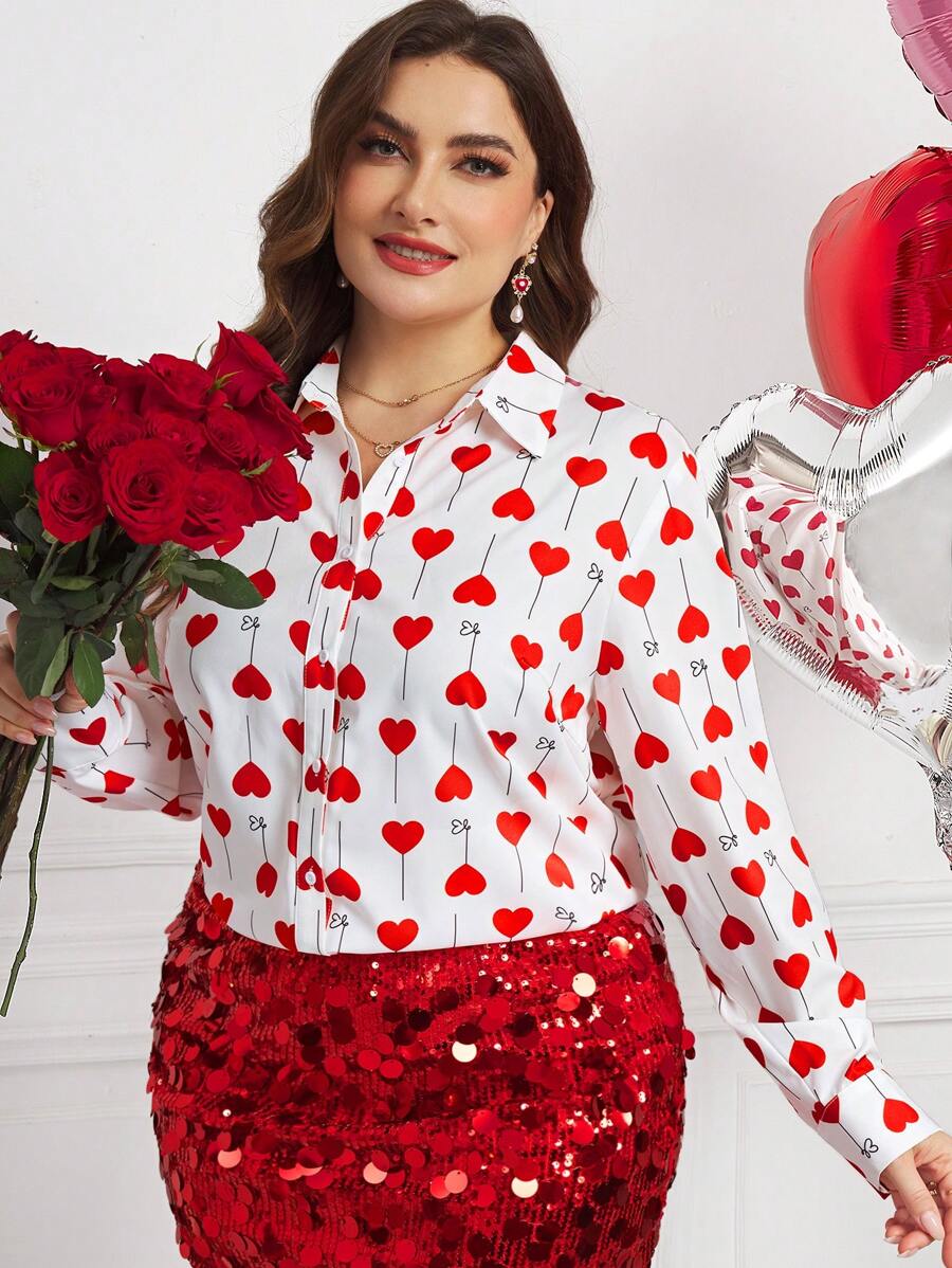 SHEIN Clasi Plus Size Elegant Valentine's Day Red Heart Decorated Basic Shirt