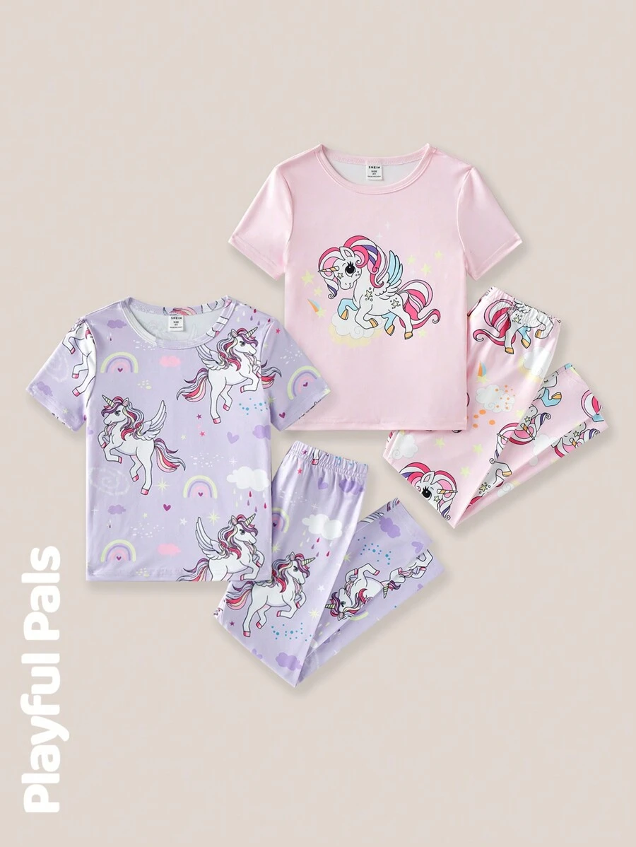 SHEIN Conjunto de pijama de 4 piezas para niñas, con camiseta de manga corta estampada con unicornio divertido y pantalones largos, ropa básica casual adorable/vintage/juguetona, adecuado para cualquier ocasión, primavera/verano, camiseta de manga corta y pantalones de ajuste ceñido, conjunto de pijama, Top y pantalones, se siente como la piel/suave como la mantequilla/ultra suave/ropa cómoda/suave sedoso, ropa de estar en casa holgada de manga corta