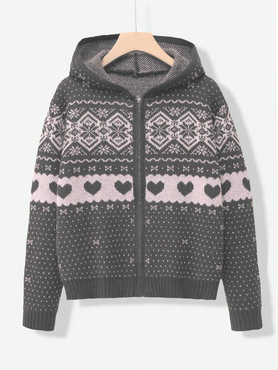 Sunnyshic Retro Cute Snow Flake Printed Hooded Cardigan Sweater, Warm For Autumn/Winter