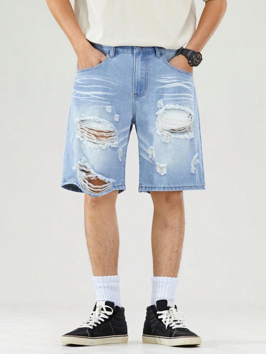 Manfinity Hypemode Men's Loose Casual Bermuda Distressed Denim Shorts With Pockets