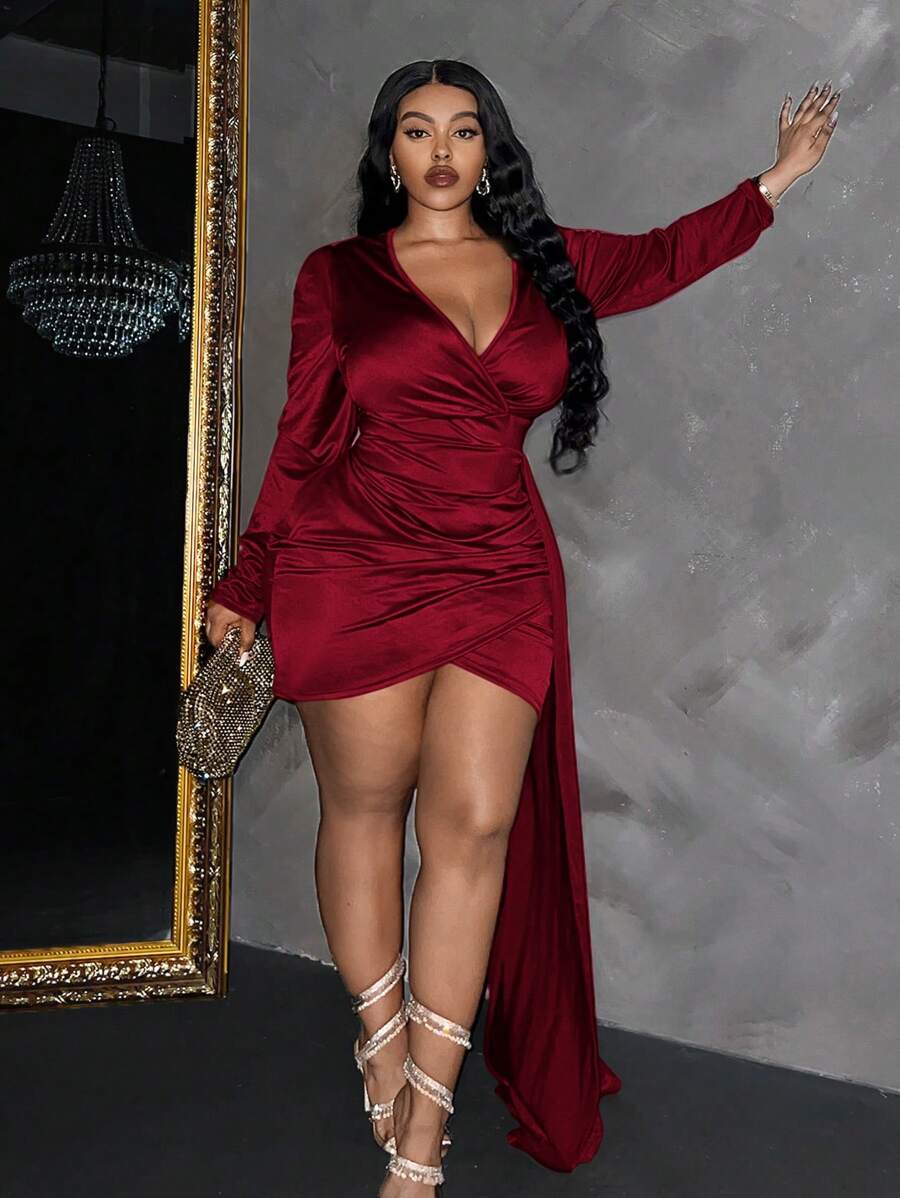 Slaydiva Plus Size Elegant V-Neck Long Sleeve Cinched Waist Dress, Autumn/Winter