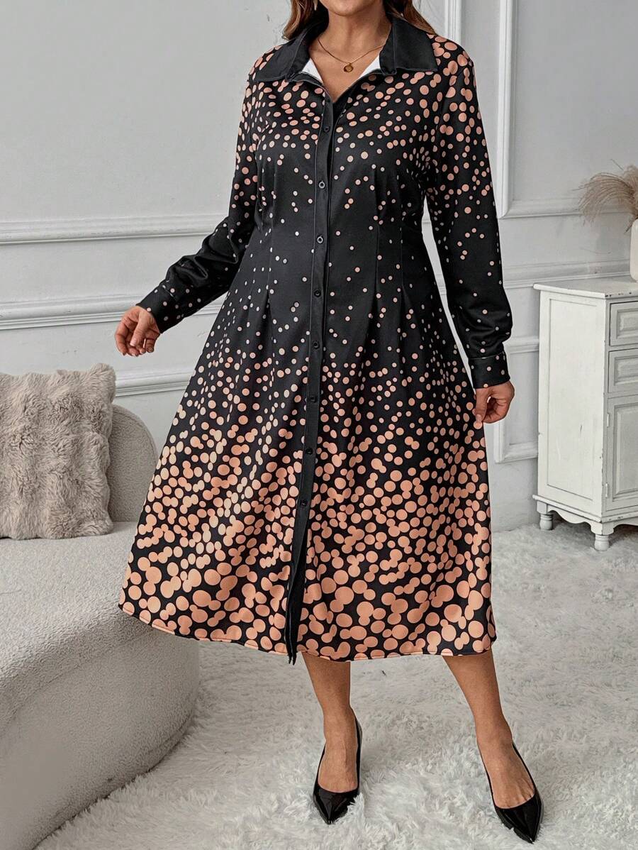 Women Plus Size Elegant Polka Dot Print Knitted Mid-Length Casual Dress, Spring