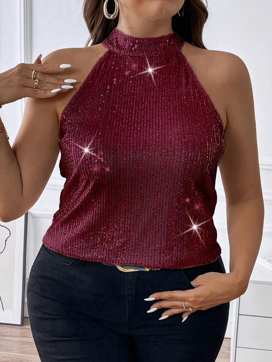 Allurite Plus Size Women Shiny Sequin Halter Neck Camisole