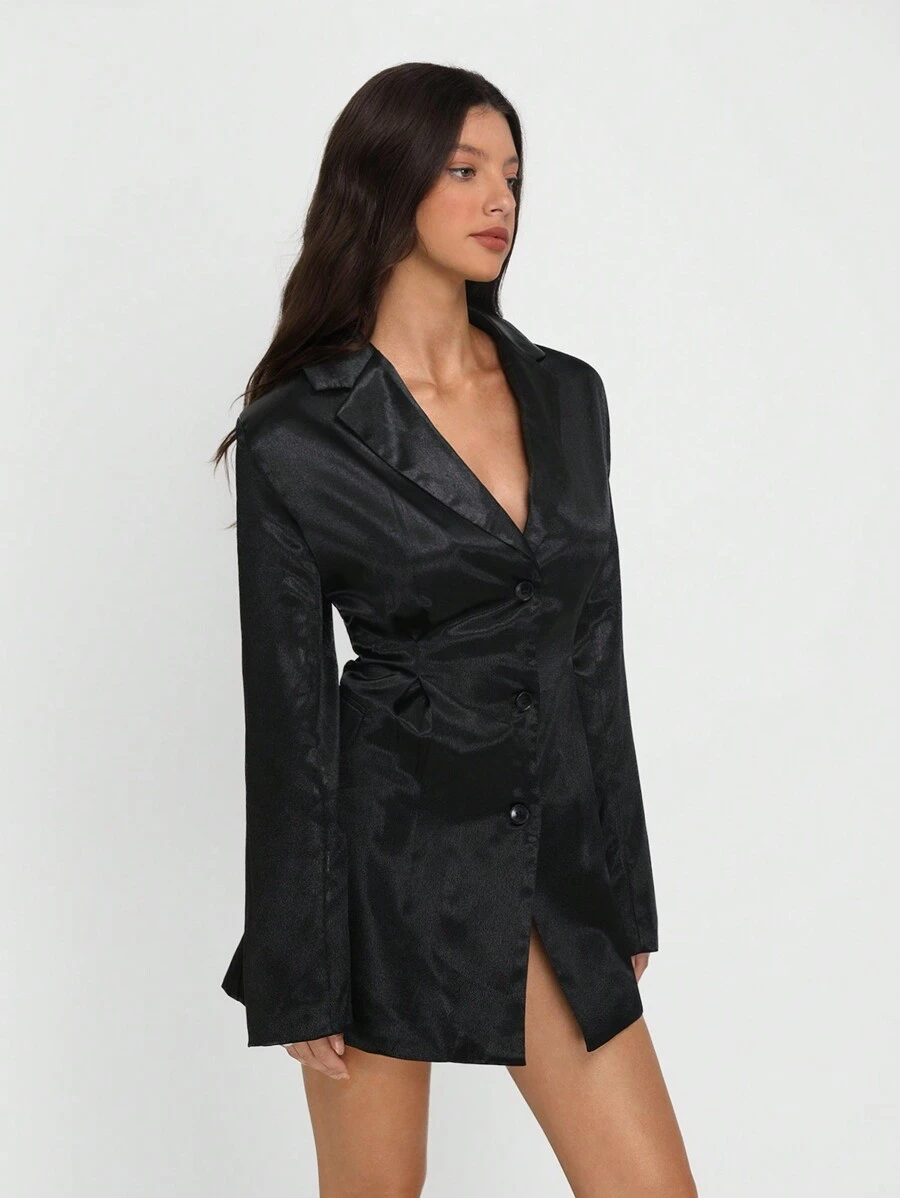TRNVIE Solid Color Satin Textured Long A-Line Women's Suit Jacket