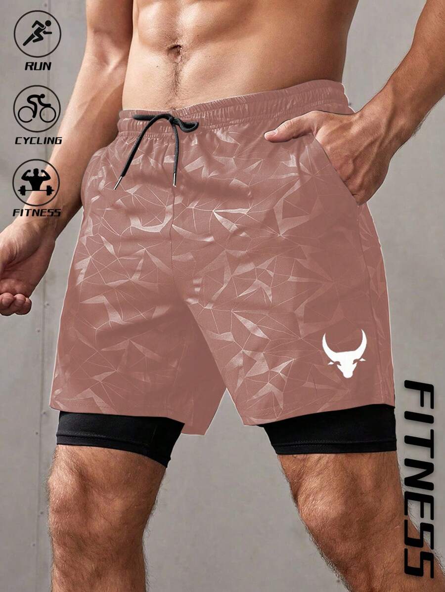 Manfinity Running Pantaloncini da uomo con stampa della testa di bue geometrica e vita con cordoncino