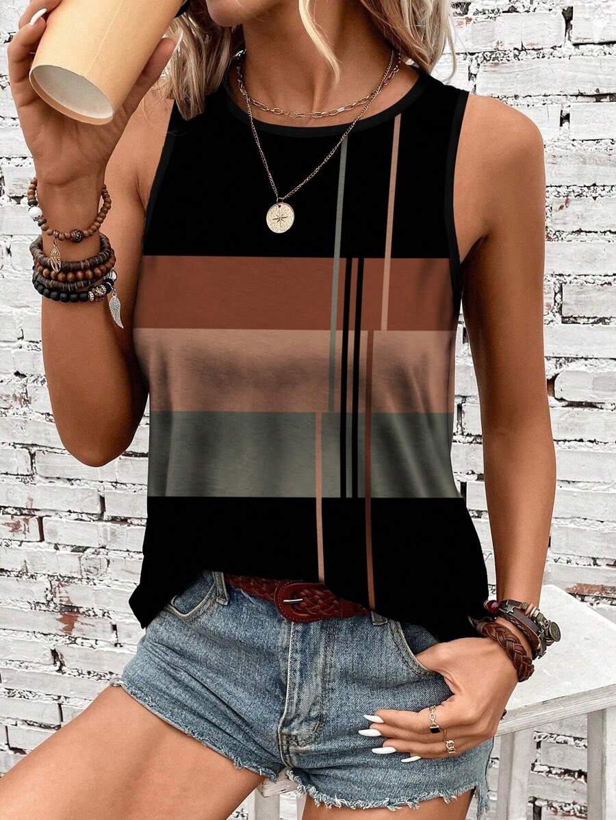 SHEIN LUNE Regata Feminina Listrada na Cor Marrom, Adequada para o Verão