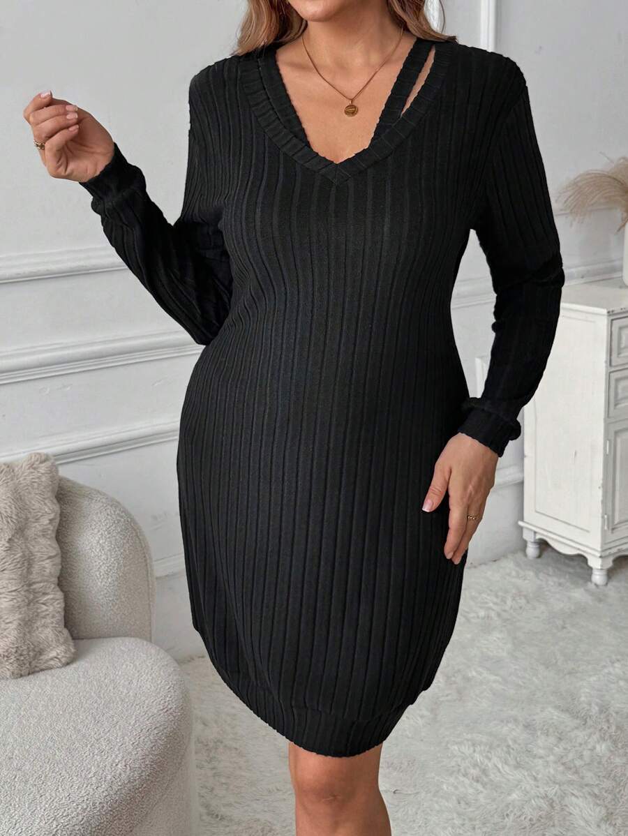 SHEIN CURVE+ Plus Size Women's Solid Color Simple Knitting Sweater Dress, For Autumn/Winter
