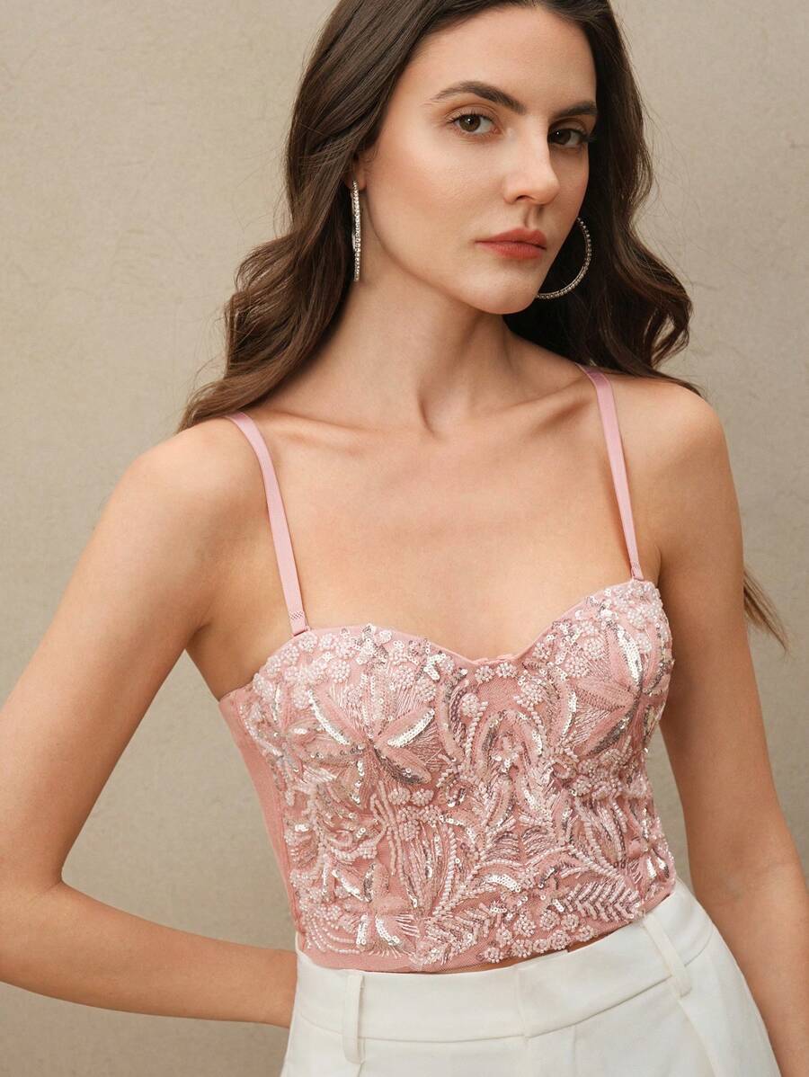Anewsta Women Elegant Sequins Embroidered Camisole Tank Top