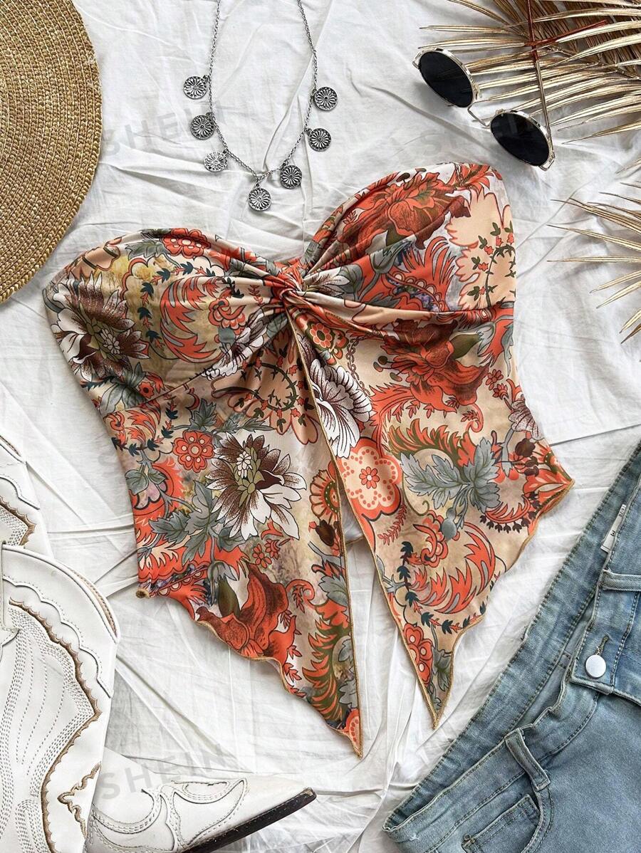 SHEIN PETITE Top tubo rojo con estampado floral abstracto borroso, con abertura frontal media, de seda de hielo y cómodo, para usar en vacaciones, tardes de té, Día de San Valentín, temporada de graduación