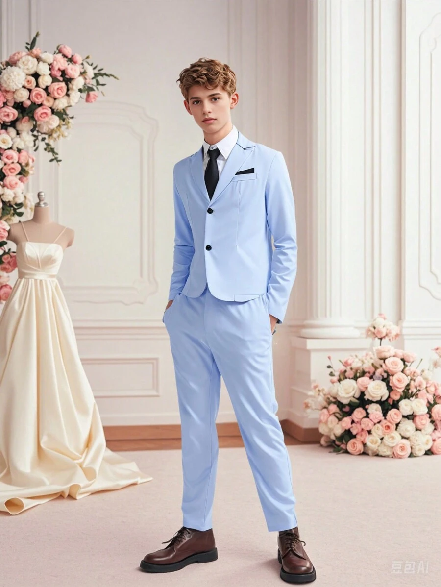 SHEIN 2-delige outfit voor heren van tienerjongens - lichtgewicht blazerjack in lichtblauw met contrasterende rand en broek, elegant formeel pak voor lente/zomer, verjaardagsfeestje, evenement, bruiloft, afstuderen