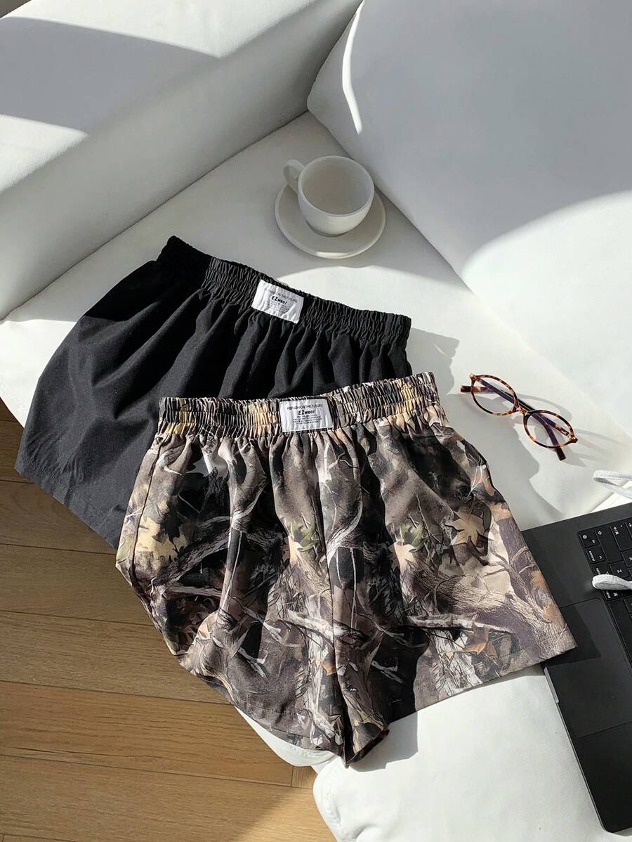 Comfortcana 2pcs Set Plant Print Black Cargo Loose Plus Size Shorts,Summer Clothes