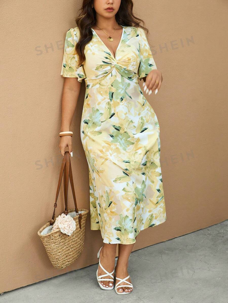 Elaquor Vestido de verano casual y elegante de talla grande con escote en V para vacaciones