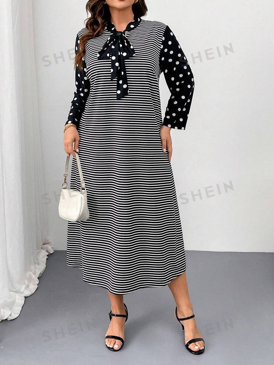 SHEIN Clasi Vestido casual suelto de mujer talla grande con estampado de lunares y cuello con lazo a rayas