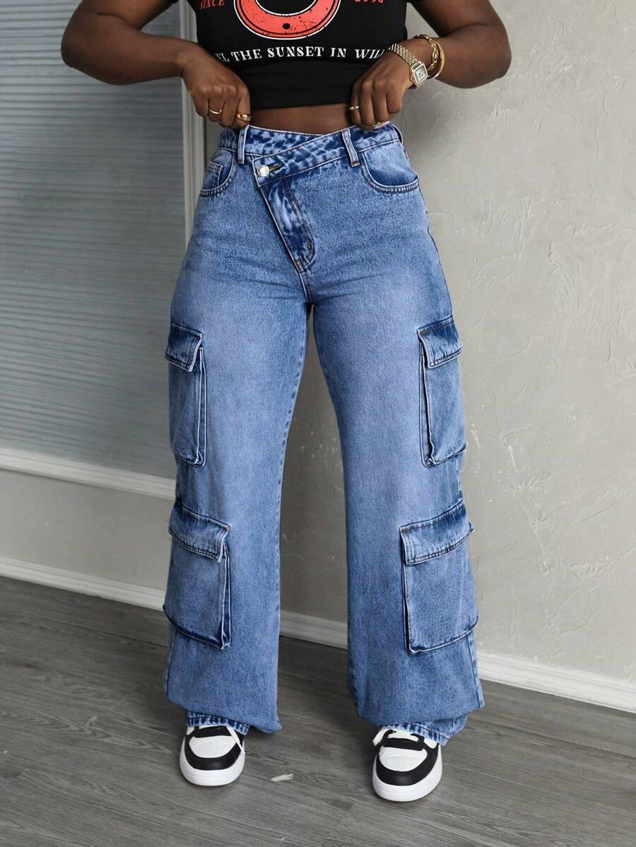 SHEIN Tall Asymmetric Waist Washed Denim Jeans With Cargo Pockets