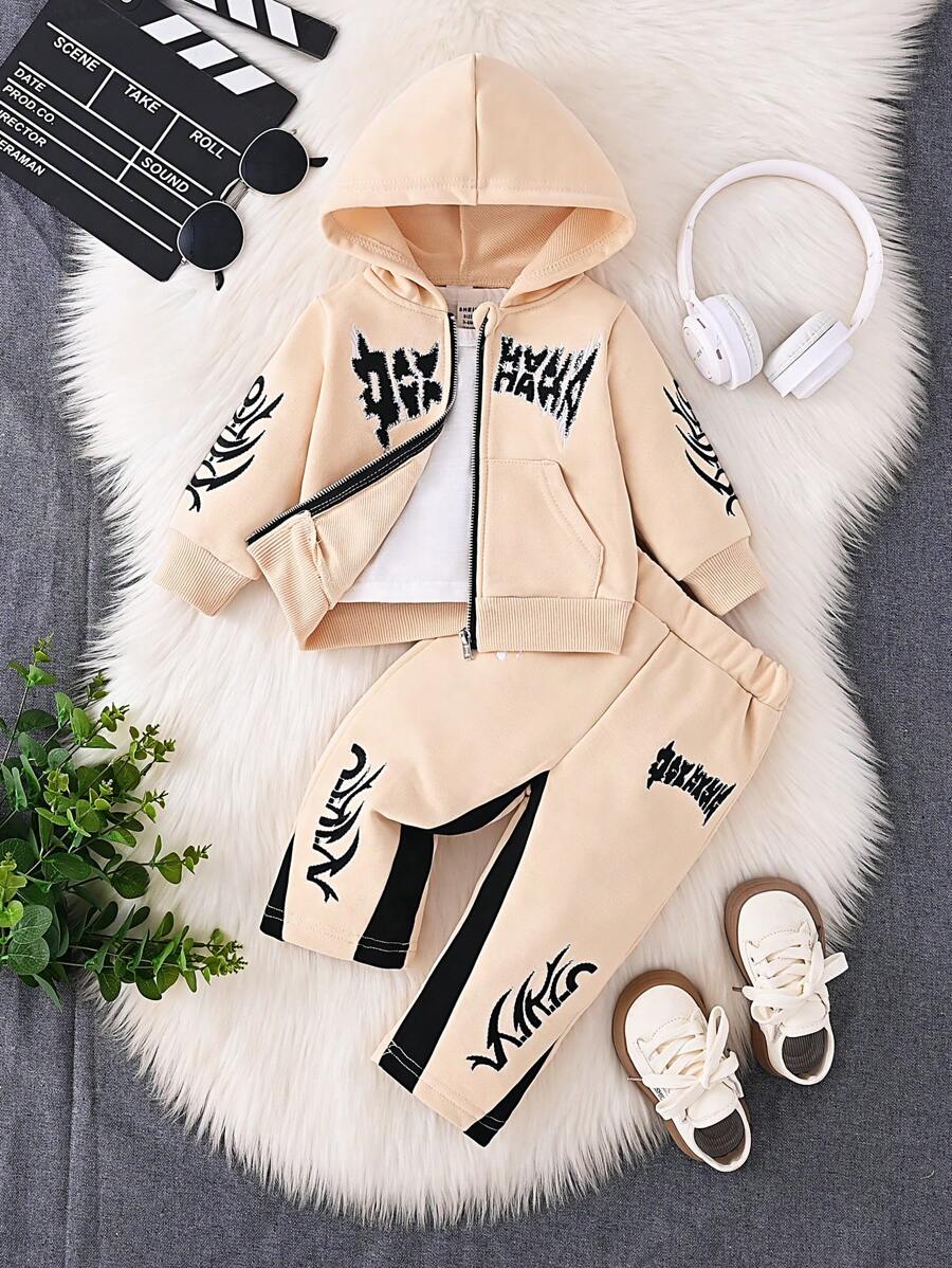 2pcs Baby Boys' Letter Embroidered Hooded Jacket And Pants Set, Soft & Comfortable Casual Style, Suitable For Autumn/Winter Outdoor, Travel, Daily Wear