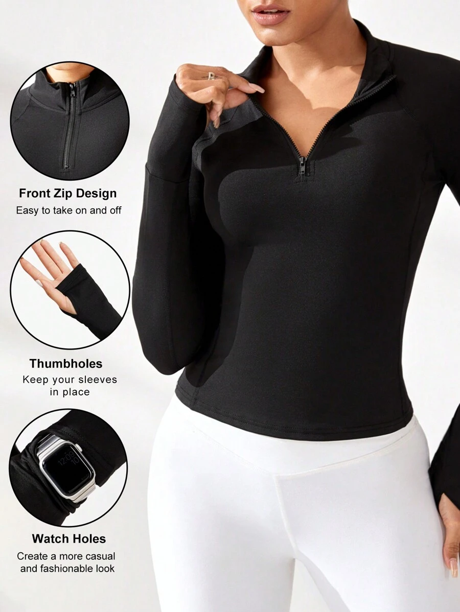 SHEIN Sport Studio Women Solid Color Front Zipper Long Sleeve Simple Fitted Sports Yoga Sweatshirt