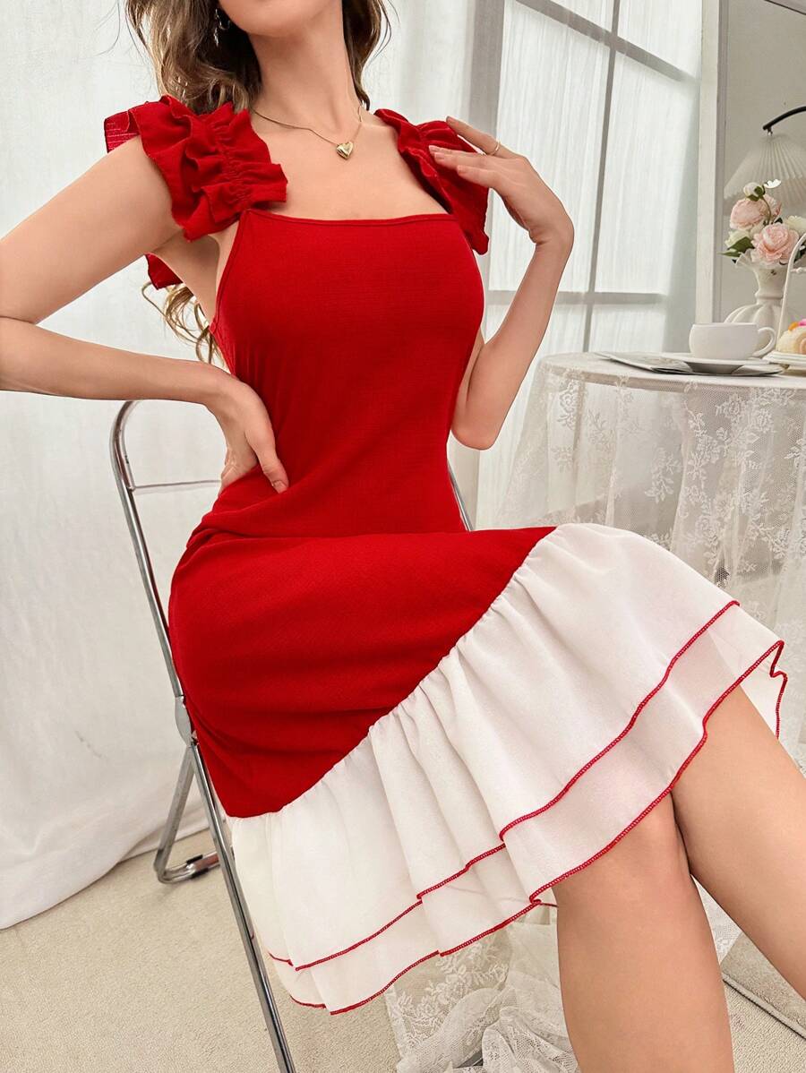 Camisón sin mangas de mujer con dobladillo y ribete de volantes de gasa de color contrastante
