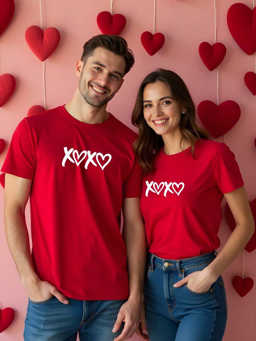SHEIN LUNE Camiseta informal holgada para el Día de San Valentín para parejas, con cuello redondo y manga corta para mujer, adecuada para el verano