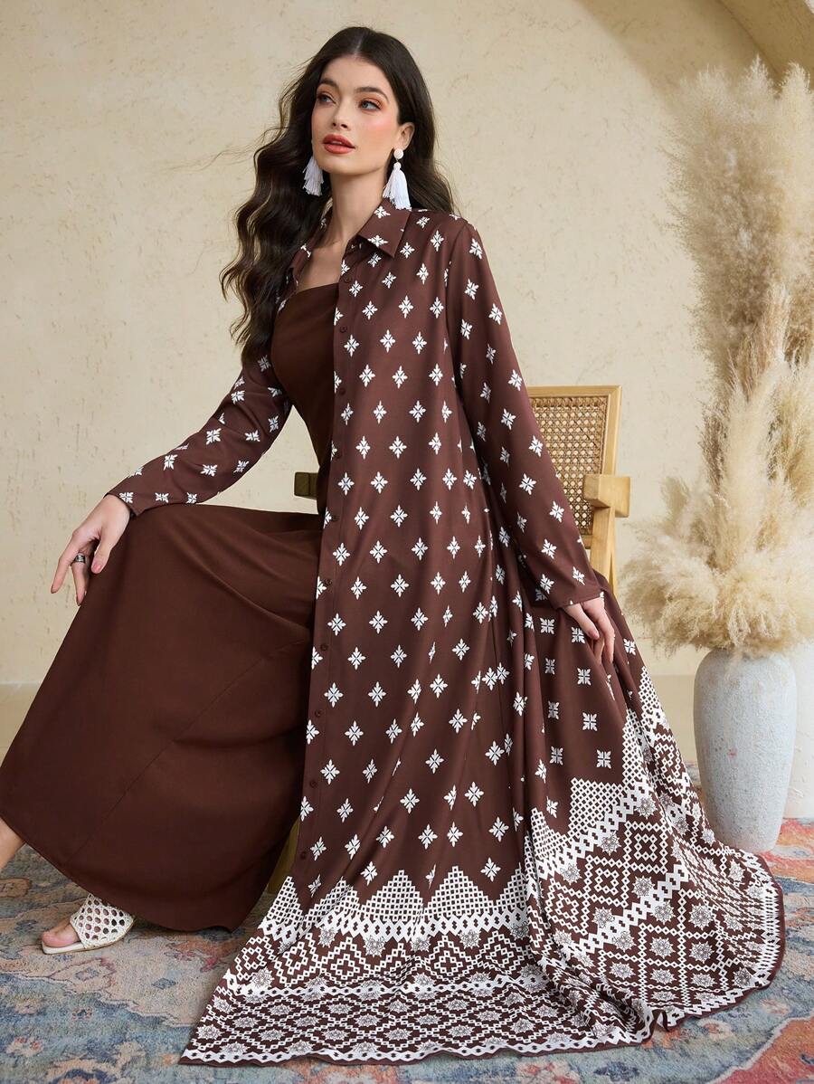 Al Najma 1 Set Women's Full Print Long Sleeve Jacket & Dress Arabic Style Outfit