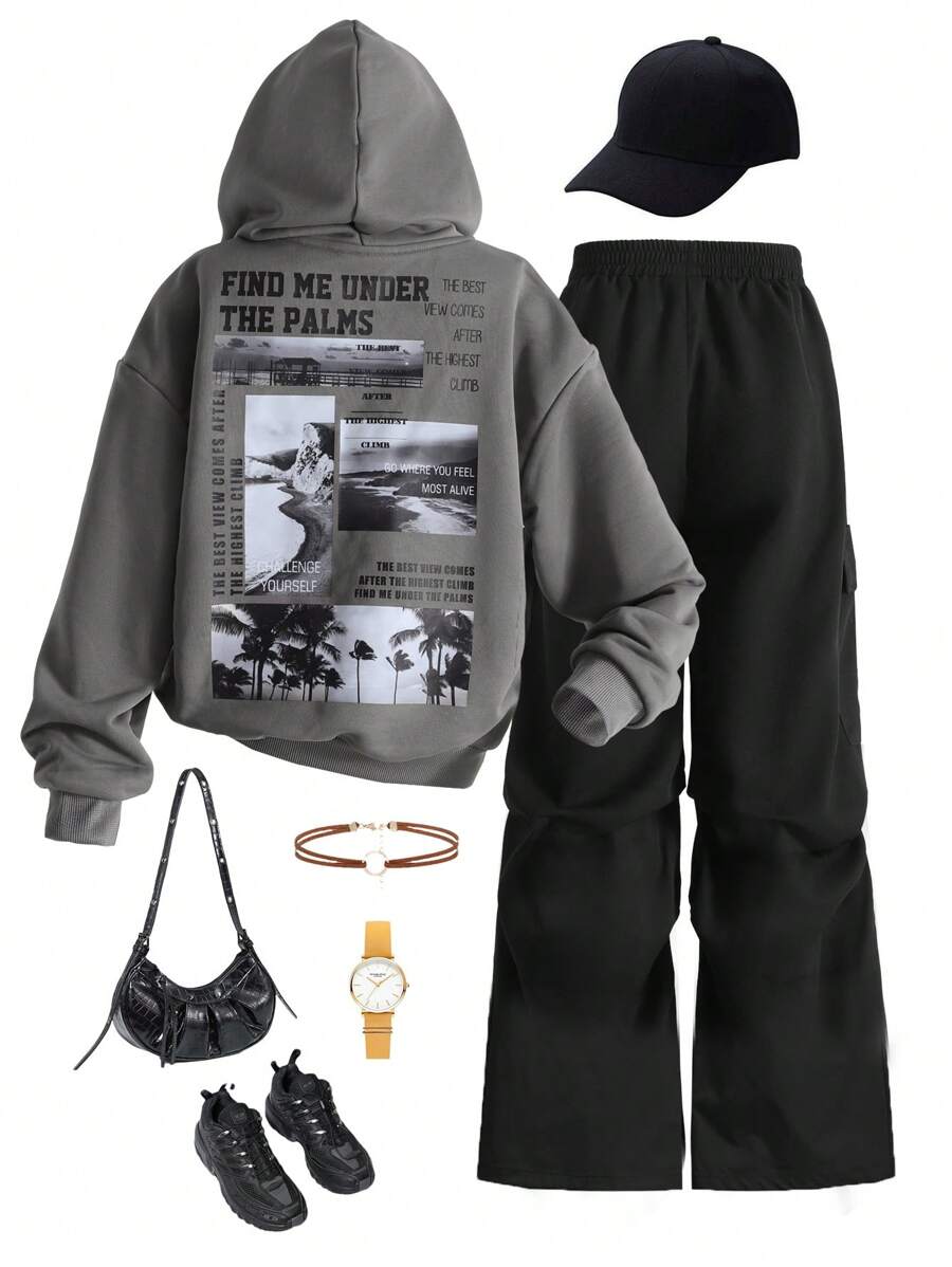 2 piezas Conjunto informal para niña preadolescente con sudadera con capucha oversize con estampado de letra de paisaje y pantalones cargo con acento de lazo. Ropa adecuada para otoño/invierno, estilo deportivo y urbano