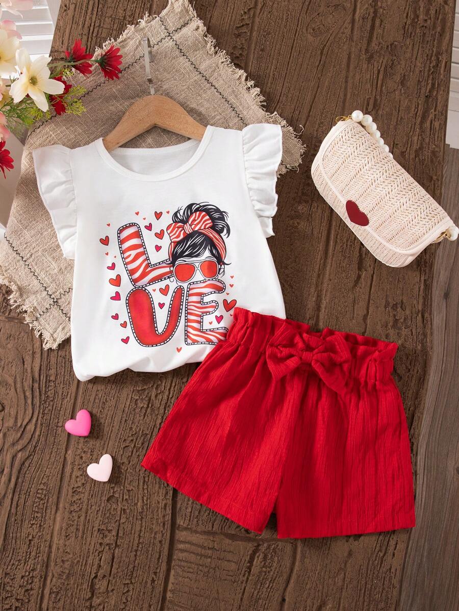 SHEIN 2 piezas Conjunto de verano para niña con diseño gráfico del Día de los Enamorados, camiseta de manga corta de cuello redondo y pantalones cortos rectos con cordón en la cintura, conjunto casual sencillo para uso diario