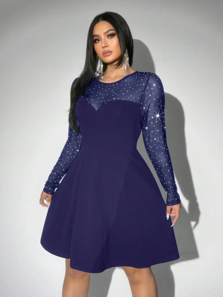 Viva Relle Plus Size Fashionable Rhinestone Mesh Patchwork Dress