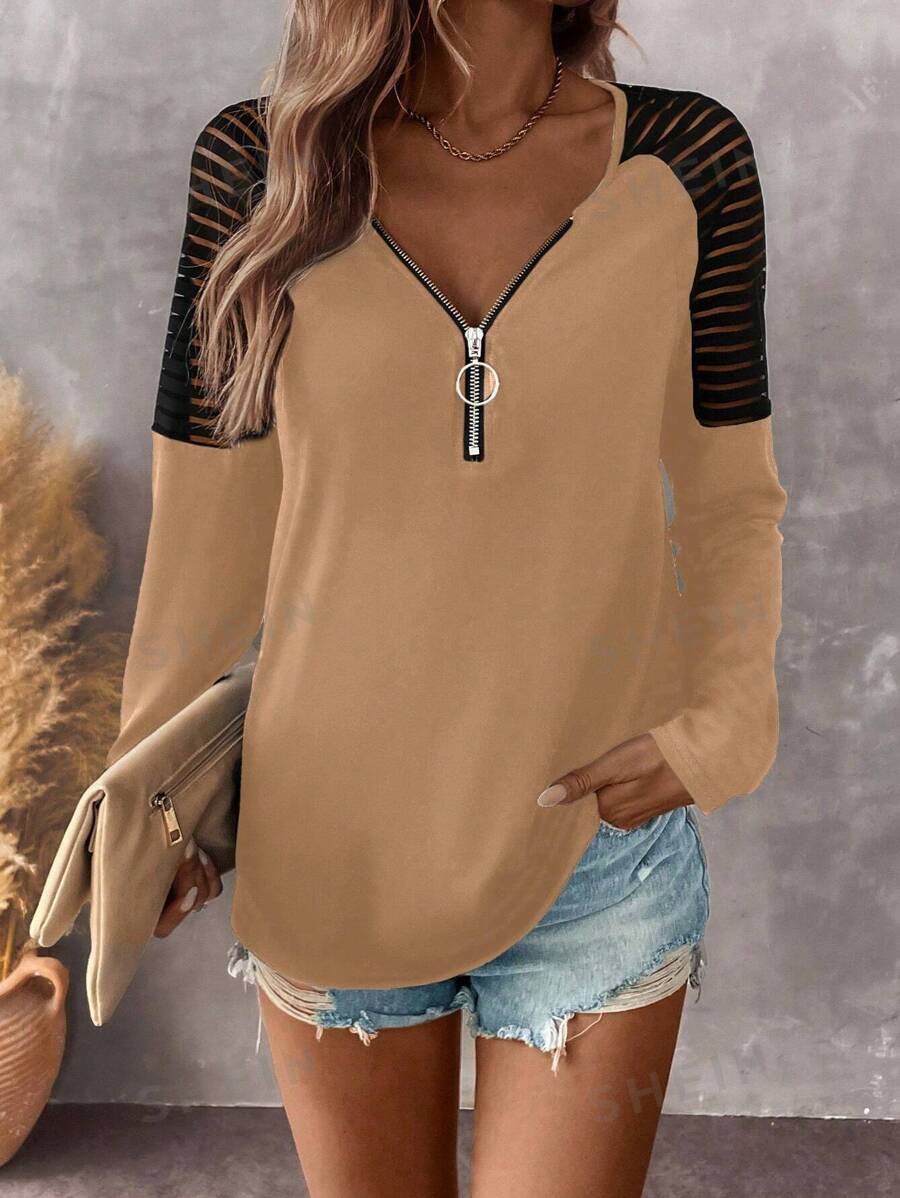 SHEIN LUNE Camiseta de punto casual con mangas raglán, cuello en V, cierre de cremallera expuesta y diseño de patchwork para mujer en otoño