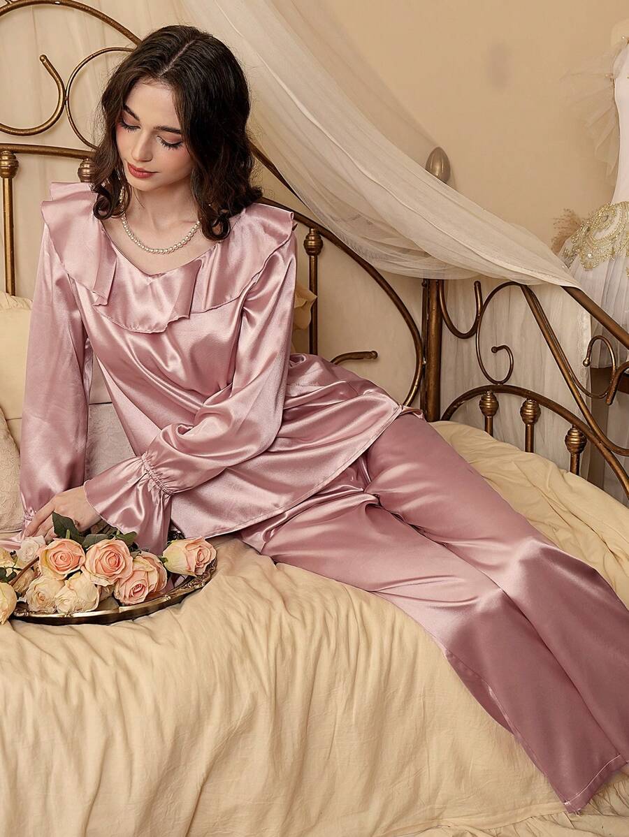 Côtesoire Ensemble de pyjama femme avec Top à manches longues avec volants en satin et pantalon