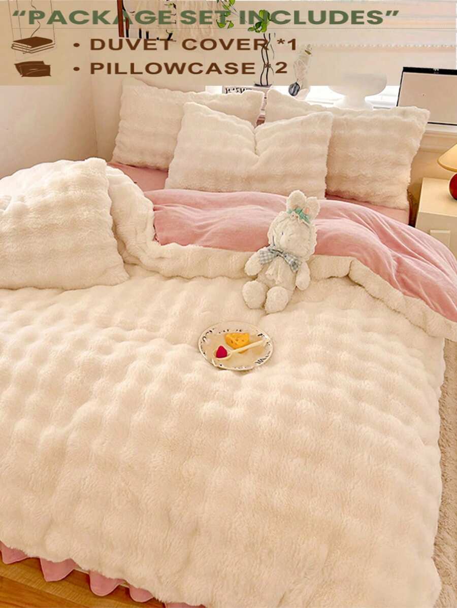 3pcs Cream White Plush Crystal Velvet Duvet Cover Set, Suitable For Bedroom, Warm Duvet Cover & Pillow Case, Machine Washable