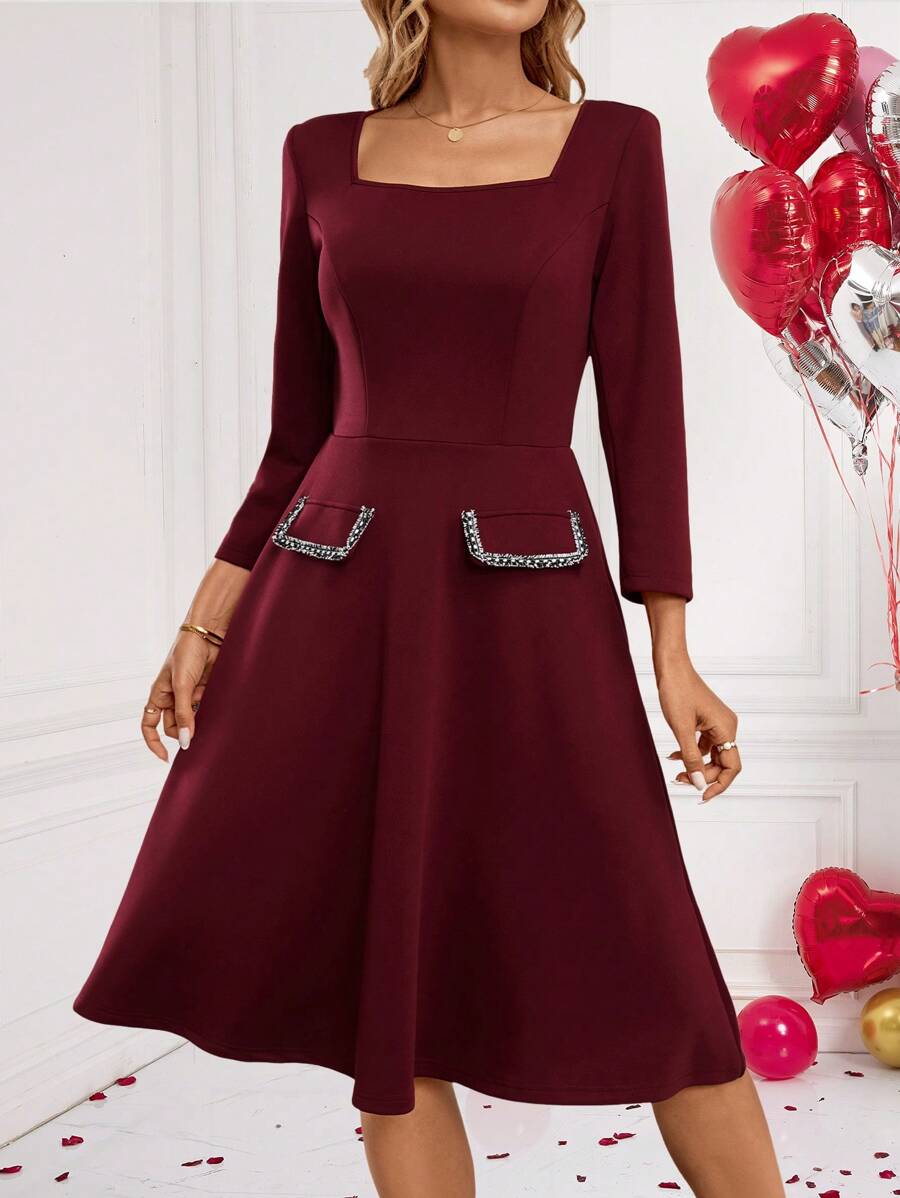 EMERY ROSE New Years Dress Women A-Line Button Decor Square Neck Long Sleeve Dress,Elegant Burgundy Dress