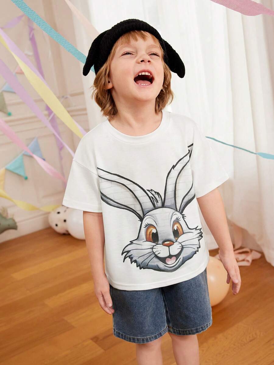 SHEIN Set de 2 piezas de camiseta de manga corta con cuello redondo y estampado de conejo, y pantalones cortos para niños pequeños, ideal para actividades al aire libre, uso diario y sesiones de fotos, para primavera/verano