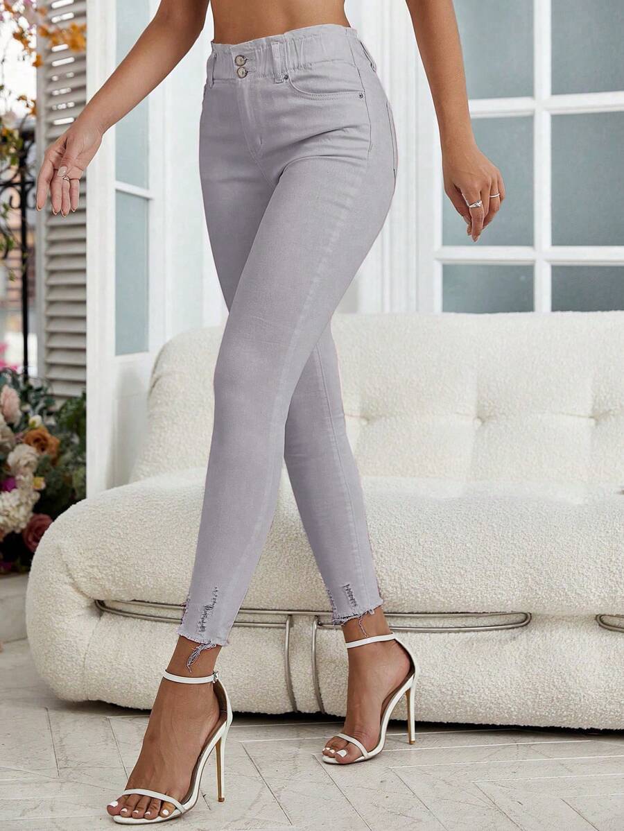 SHEIN Essnce Women's Front Button Pocket Casual Skinny Fit Jeans