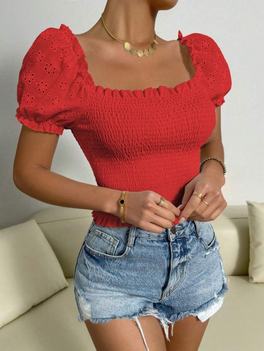 Chiquease Blusa casual de manga corta con volantes en el dobladillo, de unicolor, para uso diario