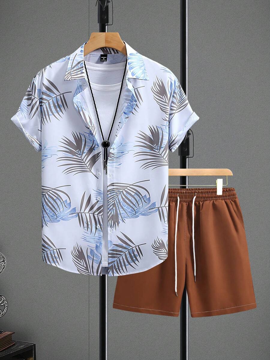Manfinity RSRT 2pcs Men's Tropical Plant Print Short Sleeve Shirt And Drawstring Waist Shorts Set