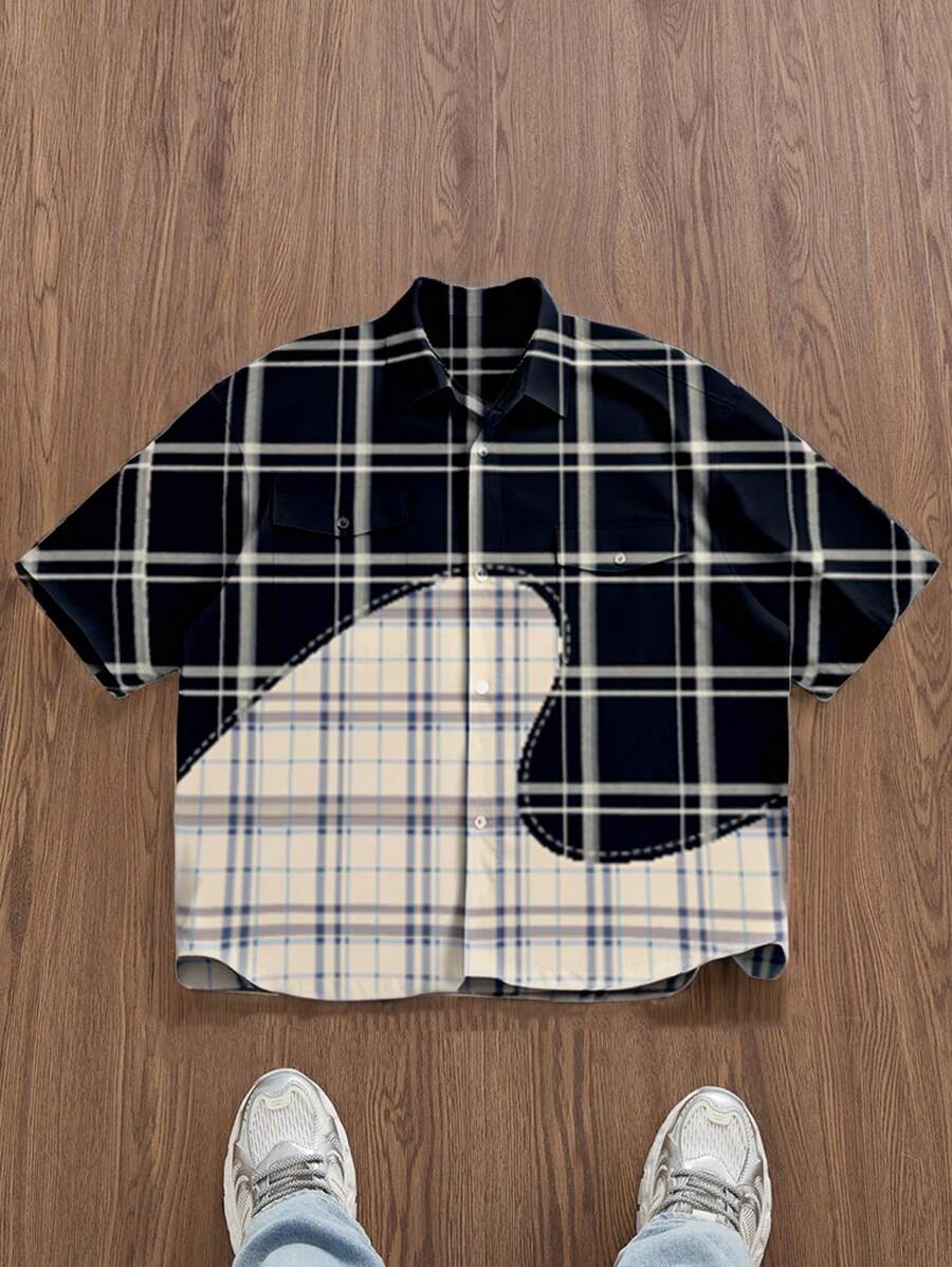 Manfinity RebelGame Heren Casual Plaid Patchwork Korte Mouw Overhemd