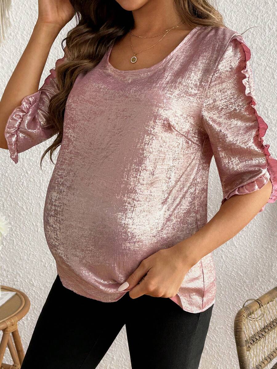 SHEIN Maternity Solid Color Contrast Ruffle Trim Casual Commuting Versatile Blouse