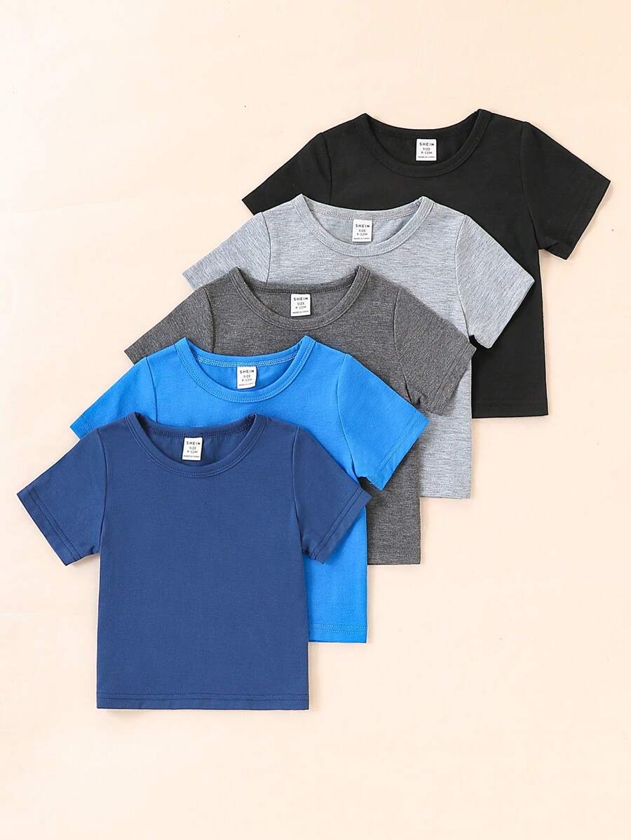 SHEIN 5pcs Baby Boy Casual Comfortable White T-Shirts, Spring/Summer