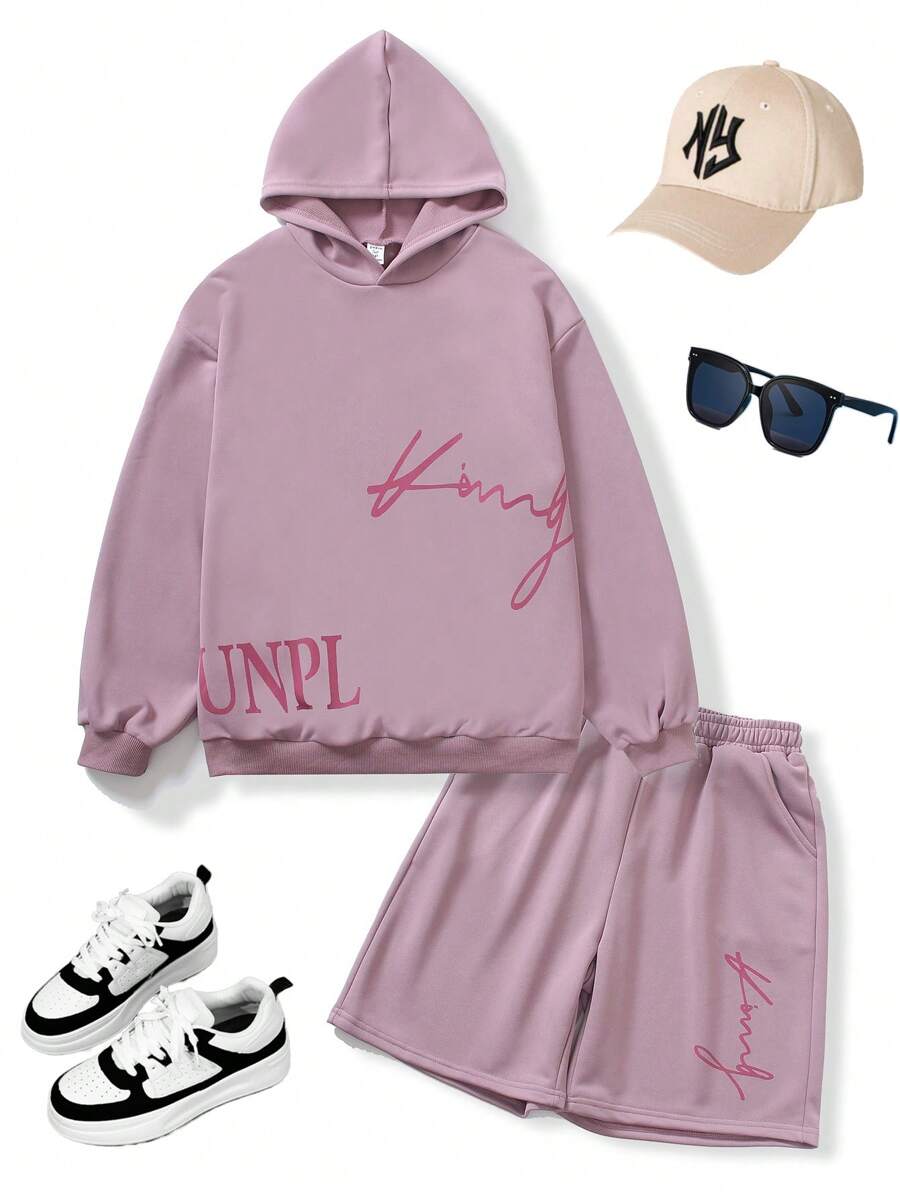 SHEIN Conjunto de 2 piezas de moda coreana para adolescentes, estilo hip hop, con sudadera holgada con estampado de letras grandes y pantalón de chándal, apto para primavera/otoño/invierno, adecuado para skateboarding, baloncesto, actuaciones, uso casual diario al aire libre