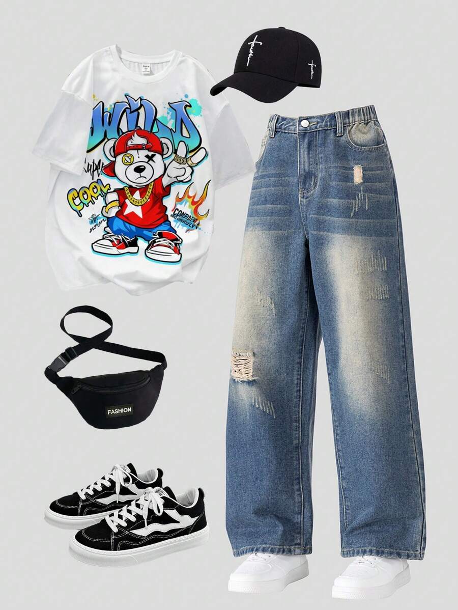 Teen Boys Vintage Washed Light Blue Distressed Relaxed Fit Casual Urban Daily Street Wear Denim Jeans