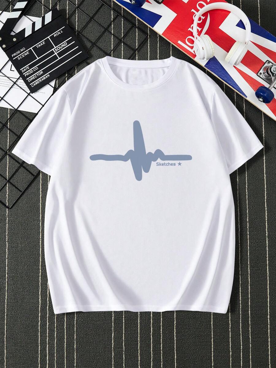 Manfinity Dauomo Camiseta sencilla de cuello redondo y manga corta con estampado para hombre, casual para uso diario