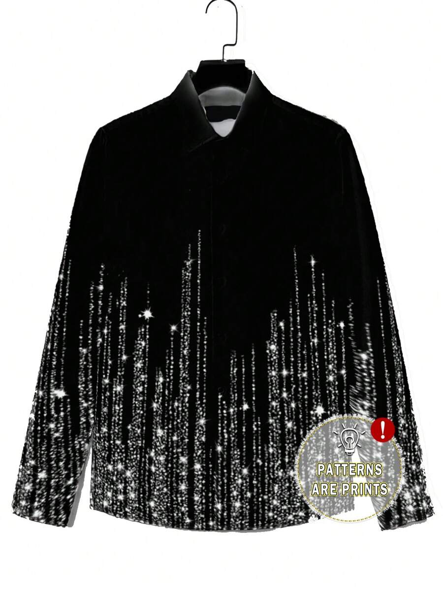 Manfinity VCAY Camisa negra de manga larga con cuello vuelto para hombres, con estampado de perlas, sin lentejuelas, para fiesta