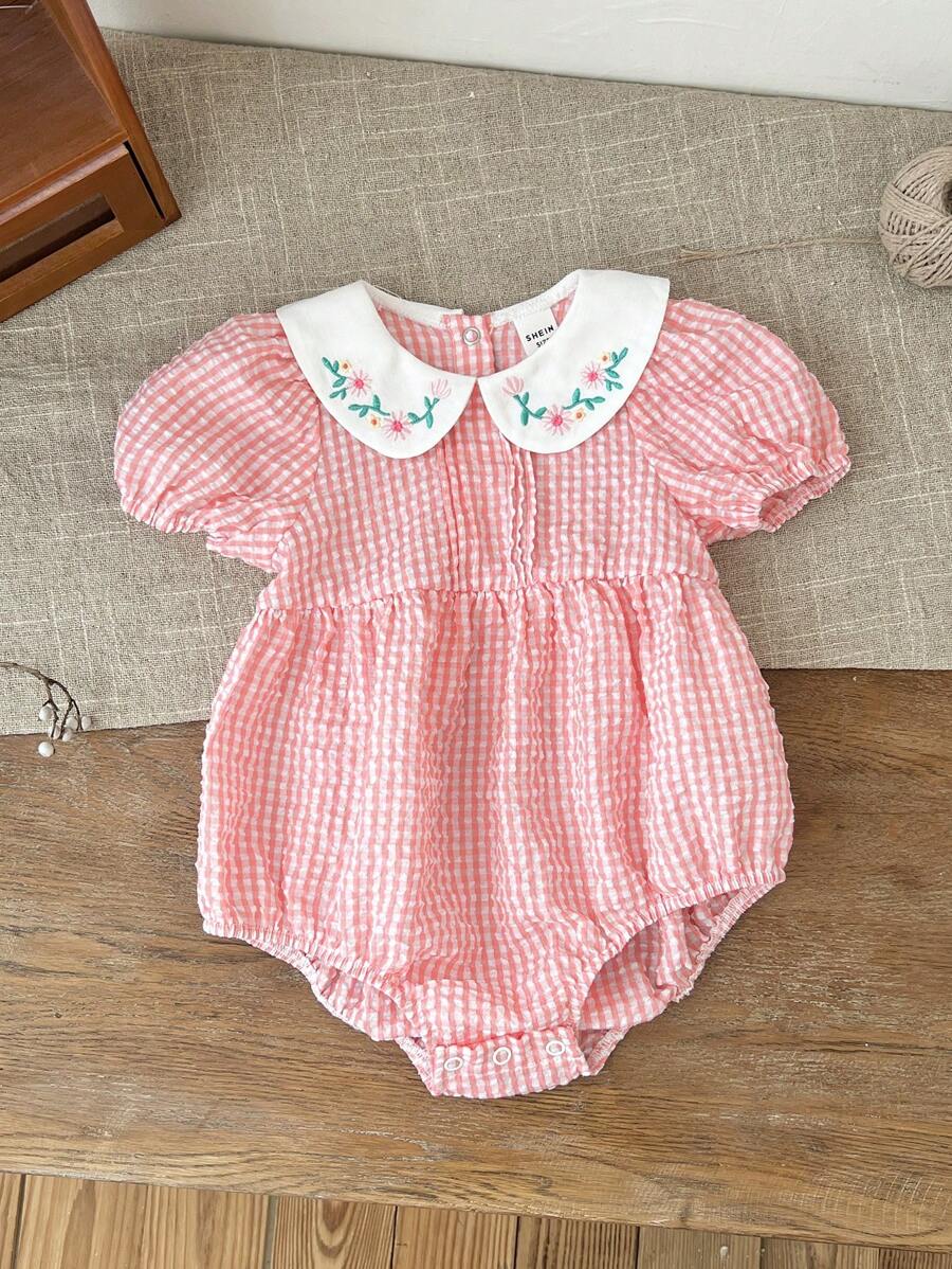 SHEIN LMoss Kids Newborn Baby Girl Cute Plaid Embroidered Ruffle Collar Romper, Summer