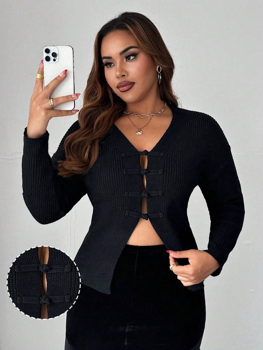 Celure Plus Size Women Solid Color V-Neck Tie Long Sleeve Casual Knitted Cardigan