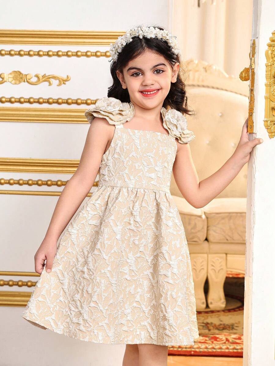 SHEIN Young Girl's Spring/Summer Matching Family Vacation , Holidays Woven Plain Elegant Off-Shoulder Solid Color Sleeveless 3D Rose Floral Decor Loose Casual Vacation Slip Dress,Cute & Elagant & Sweet & Fashionable.Partywear,Gorgeous Princess.