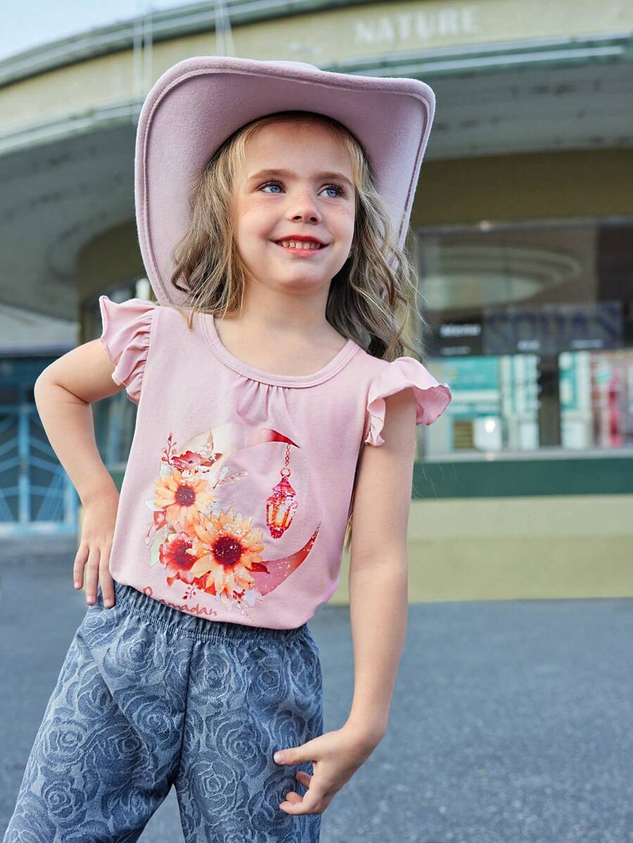 Wildeya Camiseta con estampado floral y lunar, y mangas con volantes para niñas jóvenes, color rosa, dulce y bonita, adecuada para actividades diarias, salidas y eventos sociales, colección de primavera/verano para el Ramadán