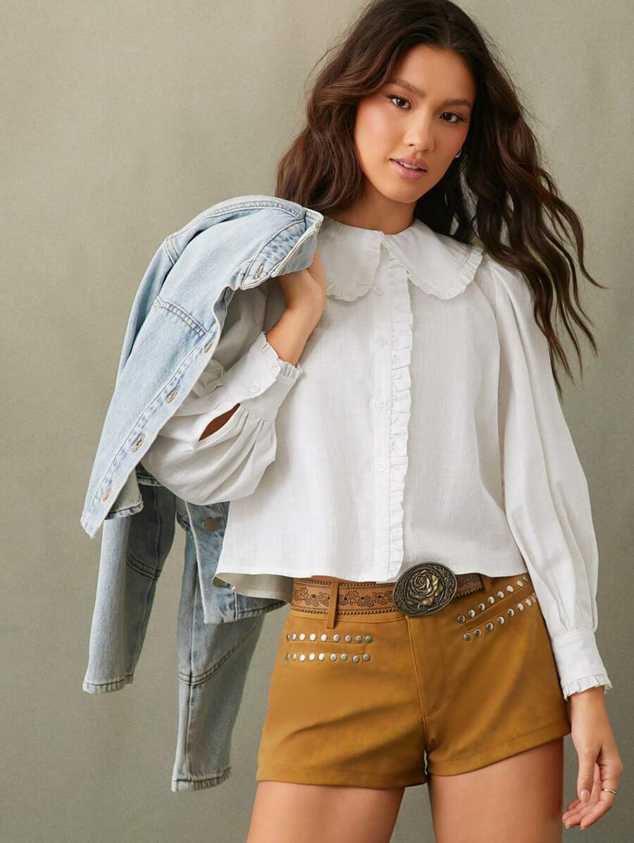 WESTFADE Puff Sleeve Ruffle Peter Pan Collar Long Sleeve Shirt