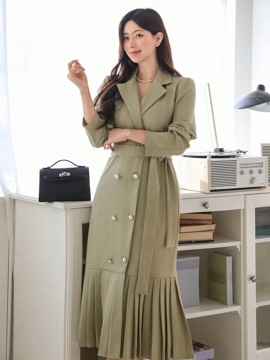 DAZY 1 pièce Robe à manches longues à col cranté double boutonnage de couleur unie pour femme, style urbain, volant