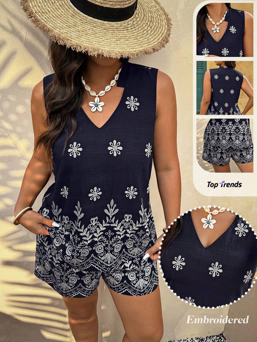 Breezaya Plus Size Plant Print Stand Collar Faux Linen 2 Pieces Set