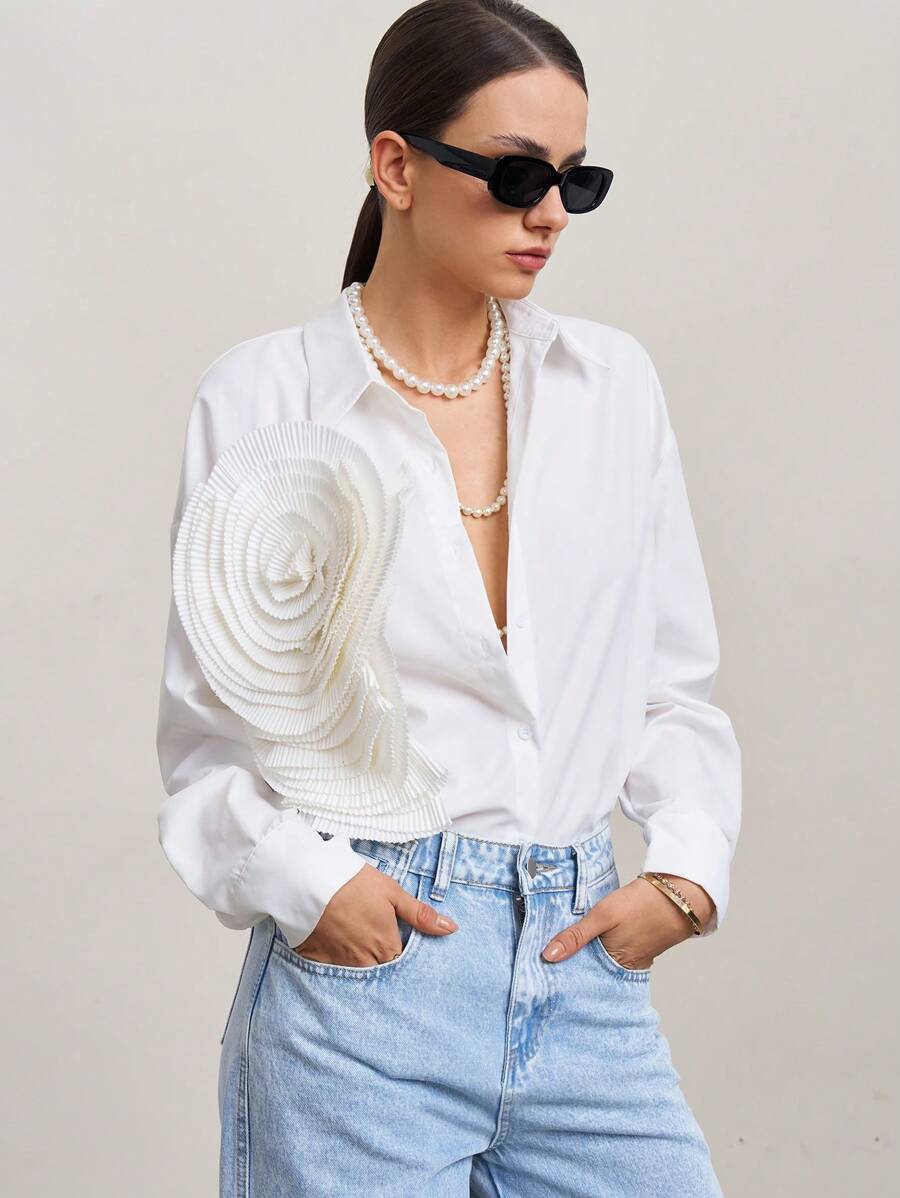 SURIMA Women's Solid Color Front Button Long Sleeve Casual Shirt With 3D Floral Decor